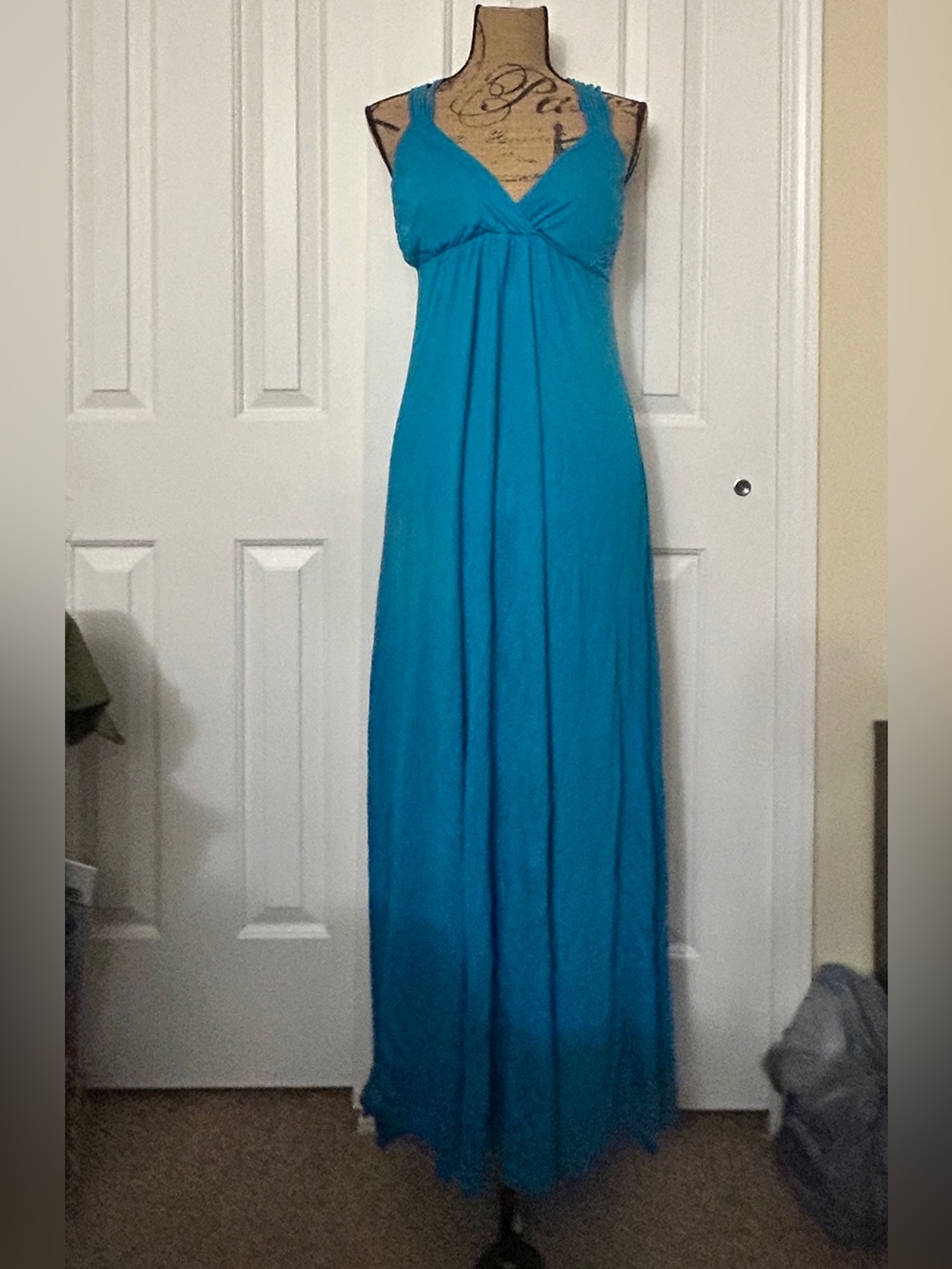 Pink Rose Turquoise Blue V-Neck Sleeveless Maxi Dress with Crisscross Straps